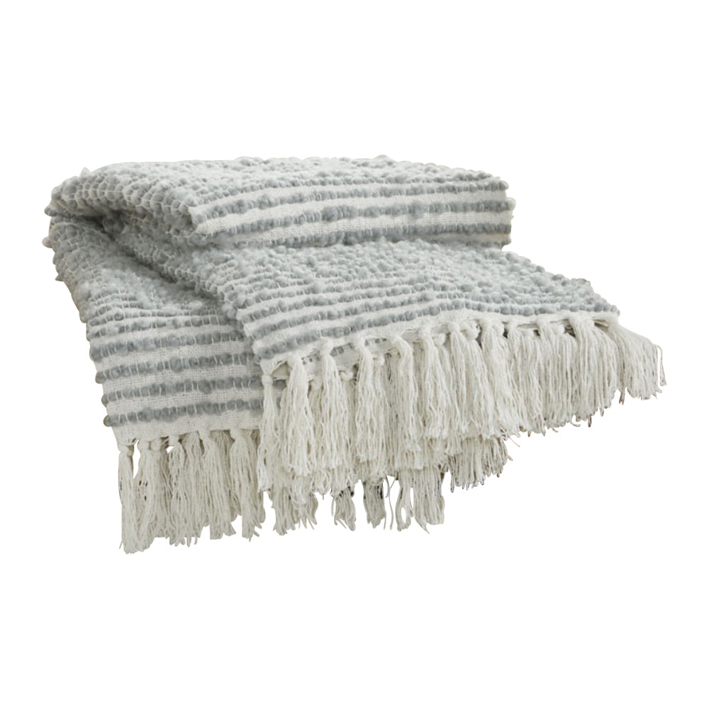 throw ivory grey striped twisted fringe ends