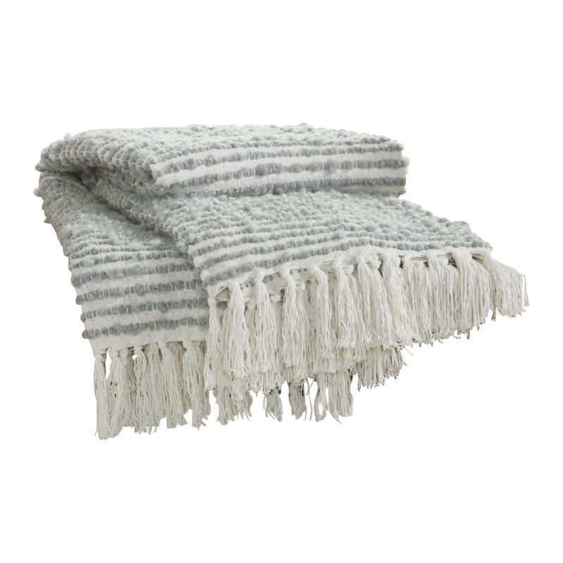 throw ivory grey striped twisted fringe ends