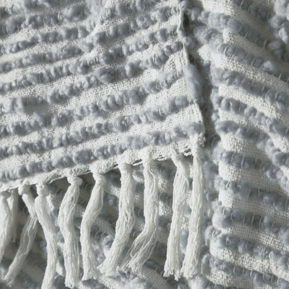 throw ivory grey striped twisted fringe ends