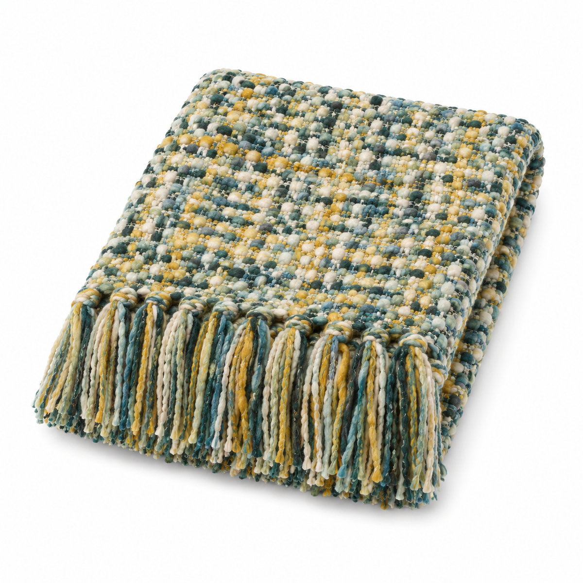 India's Heritage Tie Dye Chunky Woven Throw in multicolor with fringe, shown folded on a white background.