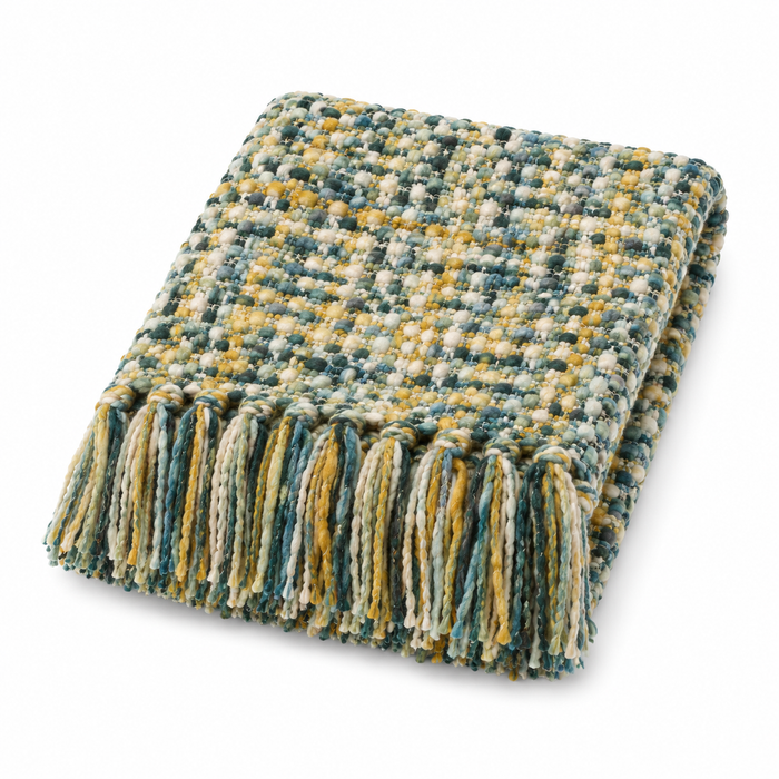 India's Heritage Tie Dye Chunky Woven Throw in multicolor with fringe, shown folded on a white background.