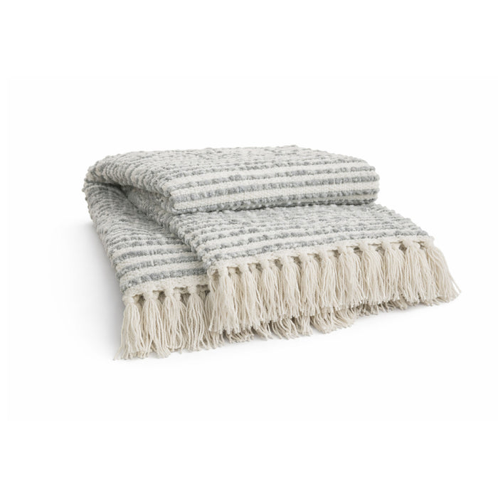 throw ivory grey striped twisted fringe ends