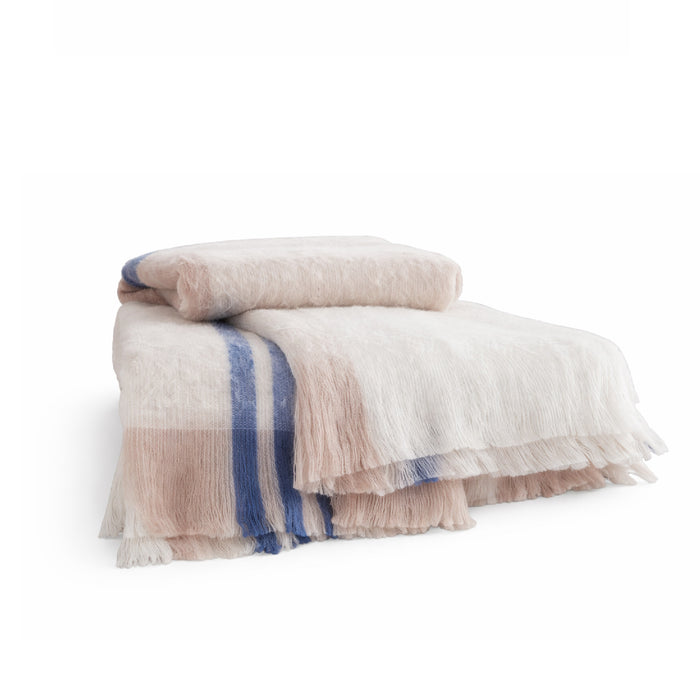throw mohair blush ivory blue stripes fringe