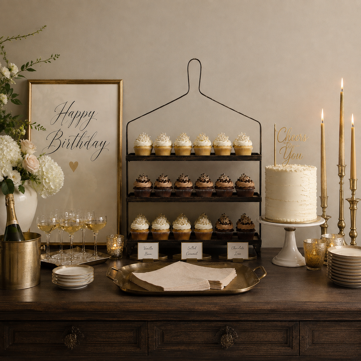Elegant birthday dessert table on Sugarboo & Co. Three Tiered Metal Display with cupcakes, cake, flowers, and champagne.