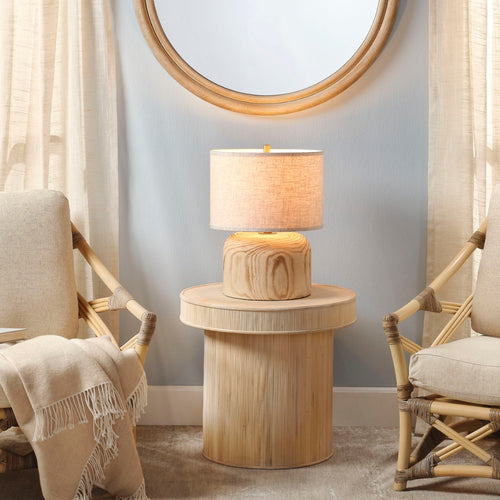 natural wood base table lamp oat linen drum shade
