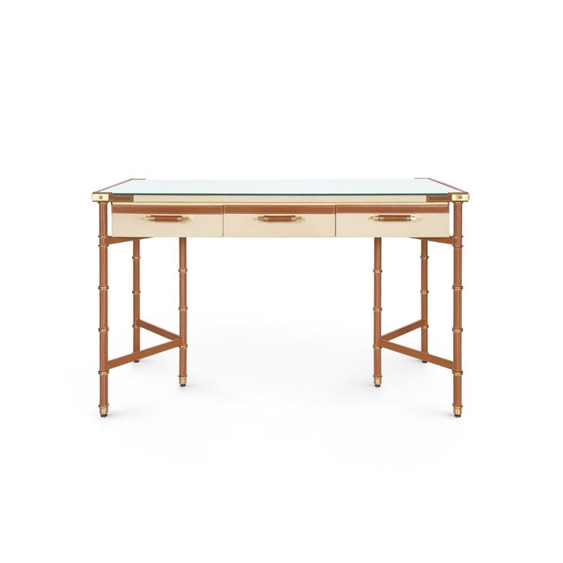 leather wrapped canvas drawer desk tan gold accents
