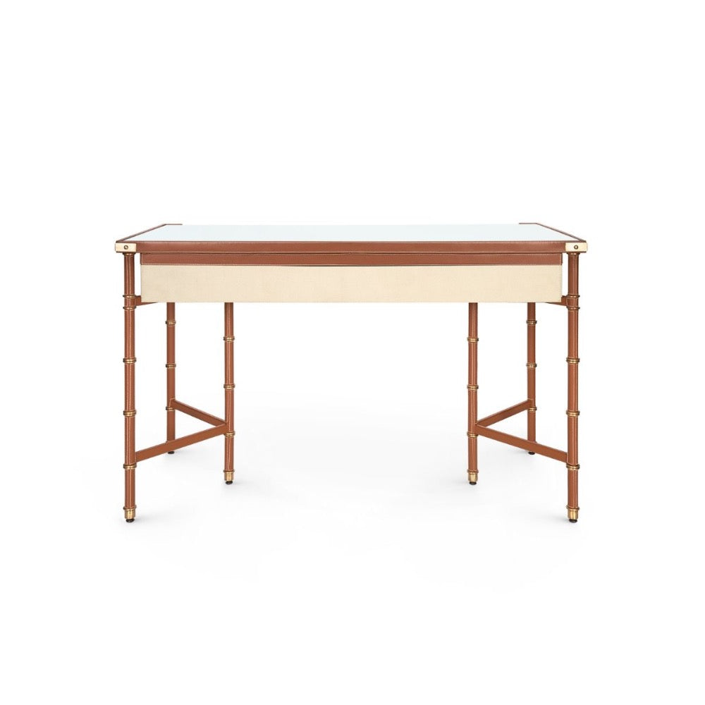 leather wrapped canvas drawer desk tan gold accents