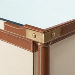 leather wrapped canvas drawer desk tan gold accents