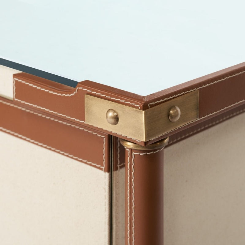 leather wrapped canvas drawer desk tan gold accents