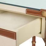leather wrapped canvas drawer desk tan gold accents