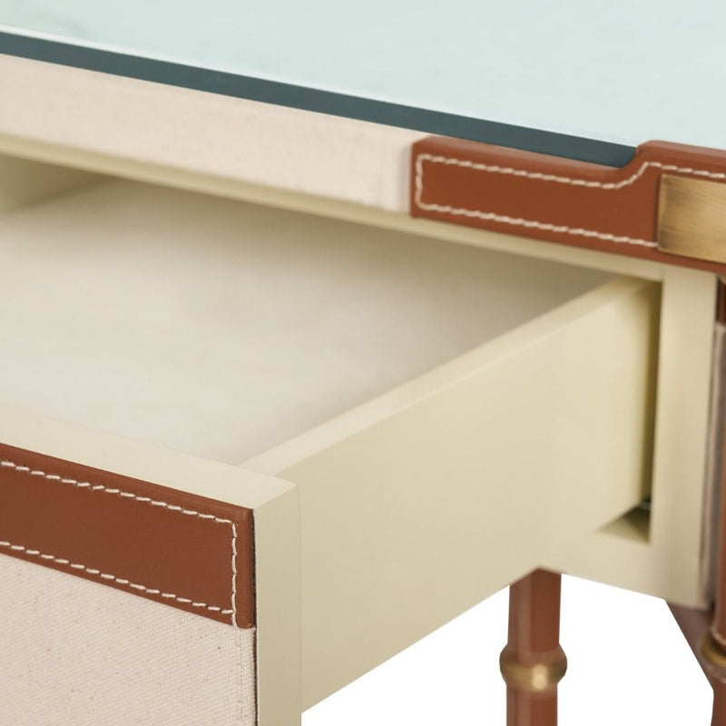 leather wrapped canvas drawer desk tan gold accents