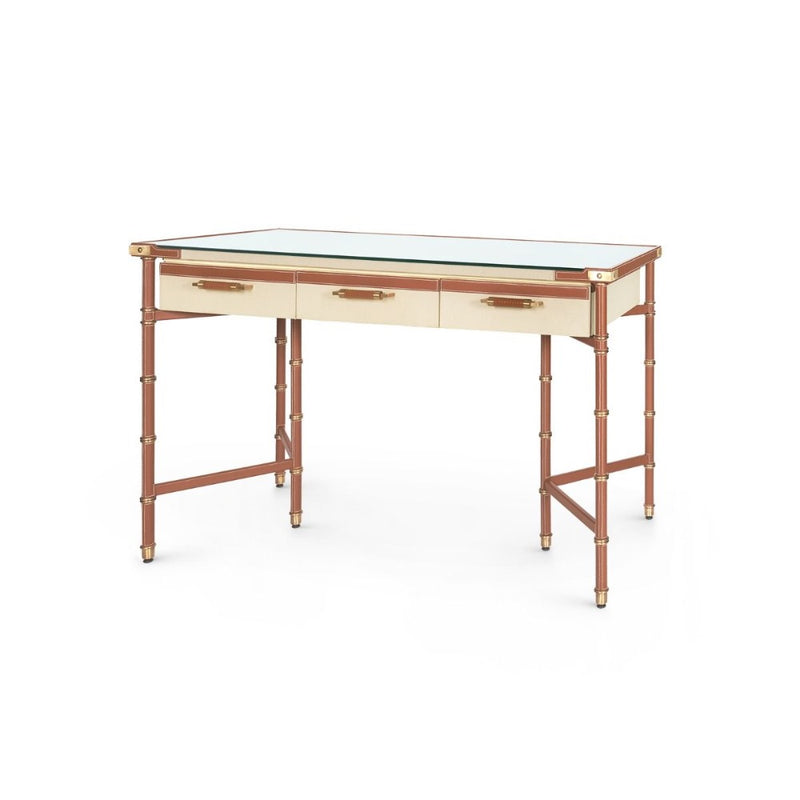 leather wrapped canvas drawer desk tan gold accents