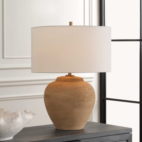 terracotta table lamp white linen drum shade