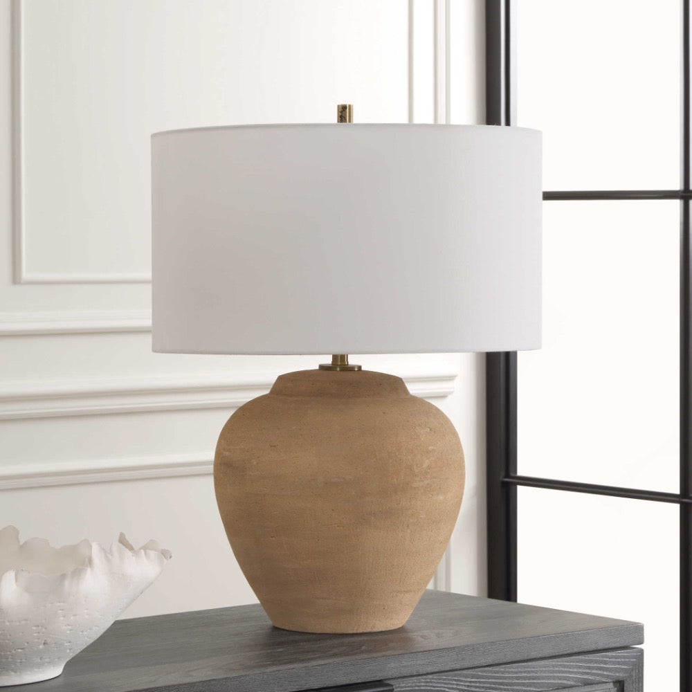 terracotta table lamp white linen drum shade