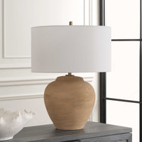 terracotta table lamp white linen drum shade