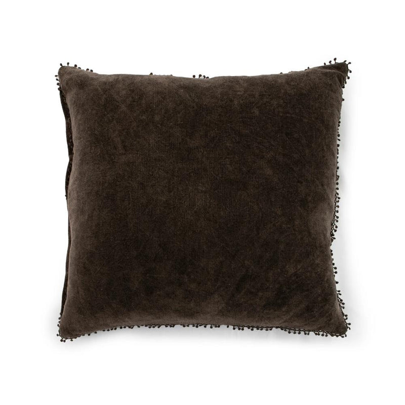 Introducing the Velvet Pom Pom Pillow by Sugarboo & Co., a stunning square throw pillow in black, crafted from textured velvet. It features delicate decorative fringe and subtle pom pom detailing around the edges.
