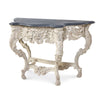 console table French inspired carved base curved legs ivory dark wood top