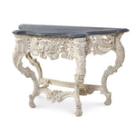 console table French inspired carved base curved legs ivory dark wood top