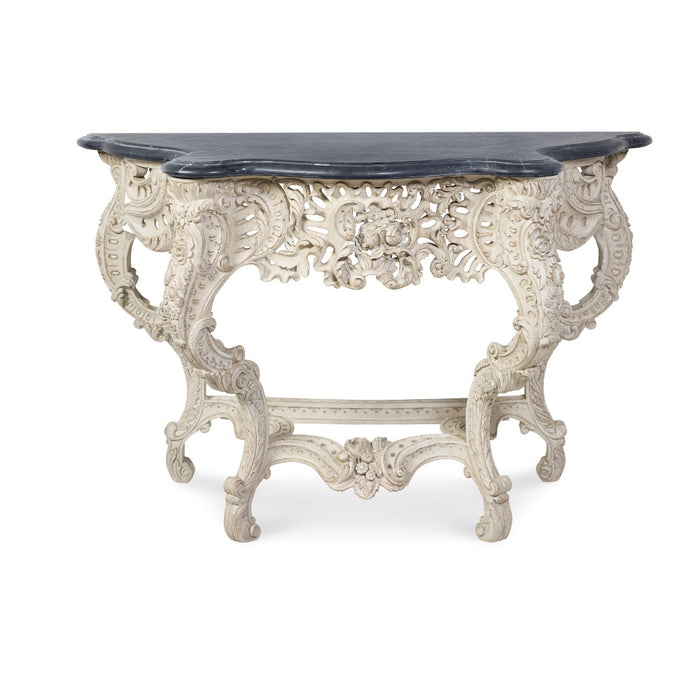 console table French inspired carved base curved legs ivory dark wood top