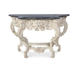 console table French inspired carved base curved legs ivory dark wood top