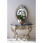 console table French inspired carved base curved legs ivory dark wood top