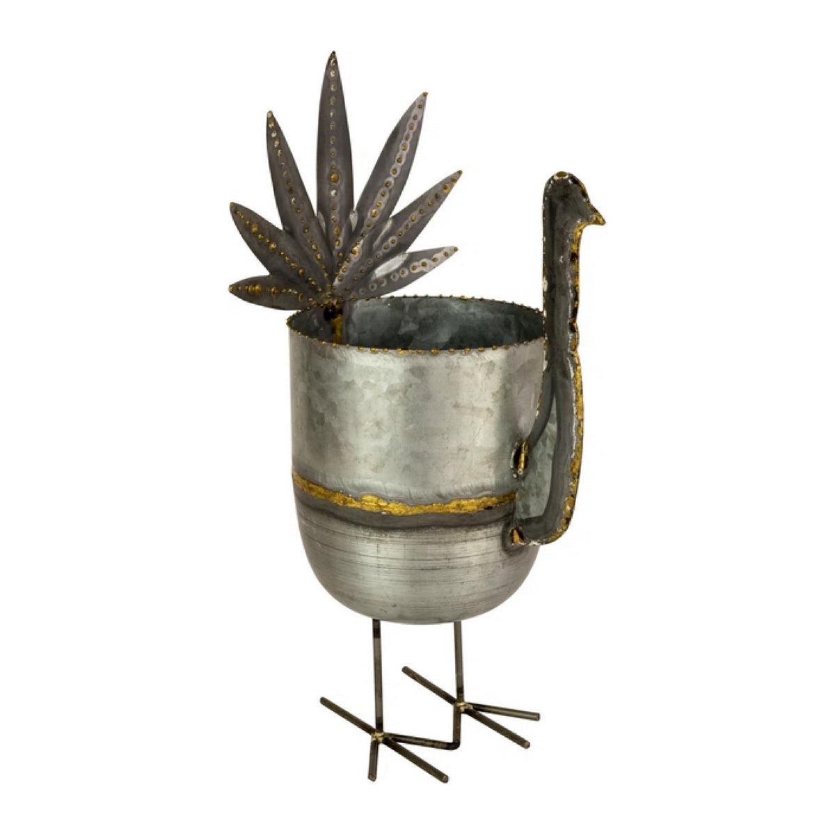 The Kalalou Galvanized Turkey Wine Chiller, featuring a cylindrical body, long neck, fan-like tail, and thin wire legs, makes a charming addition to your Thanksgiving decor.