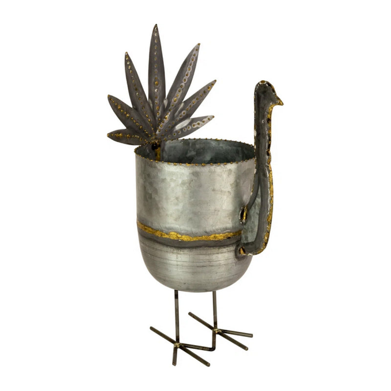 The Kalalou Galvanized Turkey Wine Chiller, featuring a cylindrical body, long neck, fan-like tail, and thin wire legs, makes a charming addition to your Thanksgiving decor.