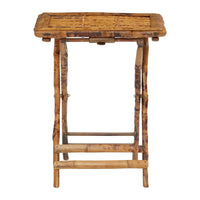 A neatly folded set of Tortoise Shell Bamboo Tray Tables with a rustic design
