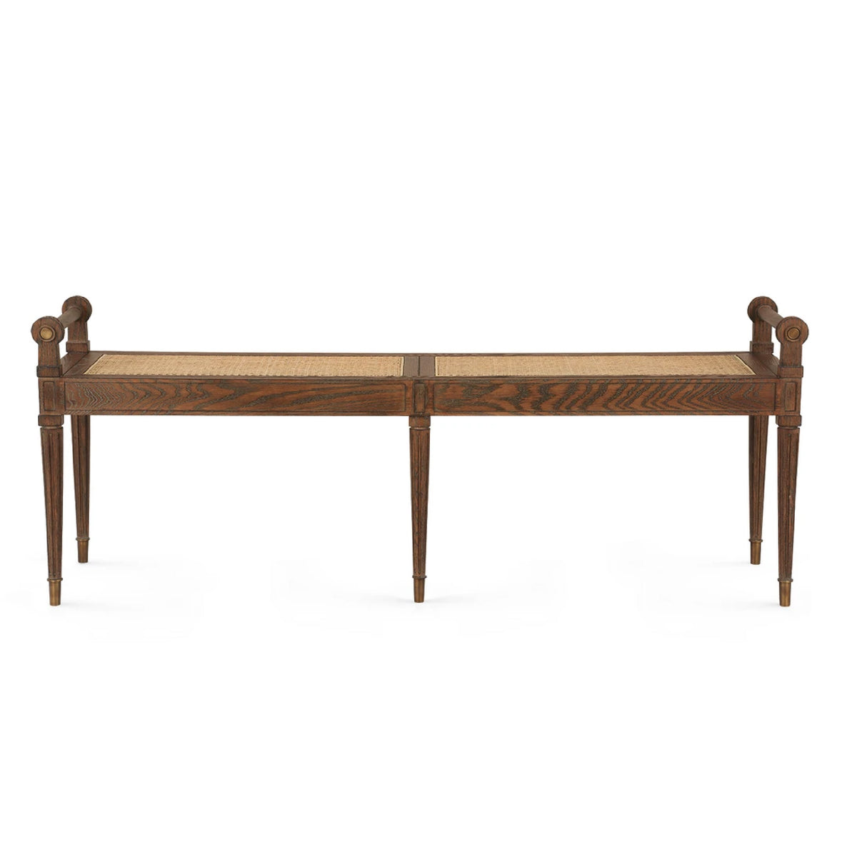 Vienna Driftwood Oak + Cane Bench by Villa & House: Natural cane seat, rolled arms, brass-capped tapered legs.