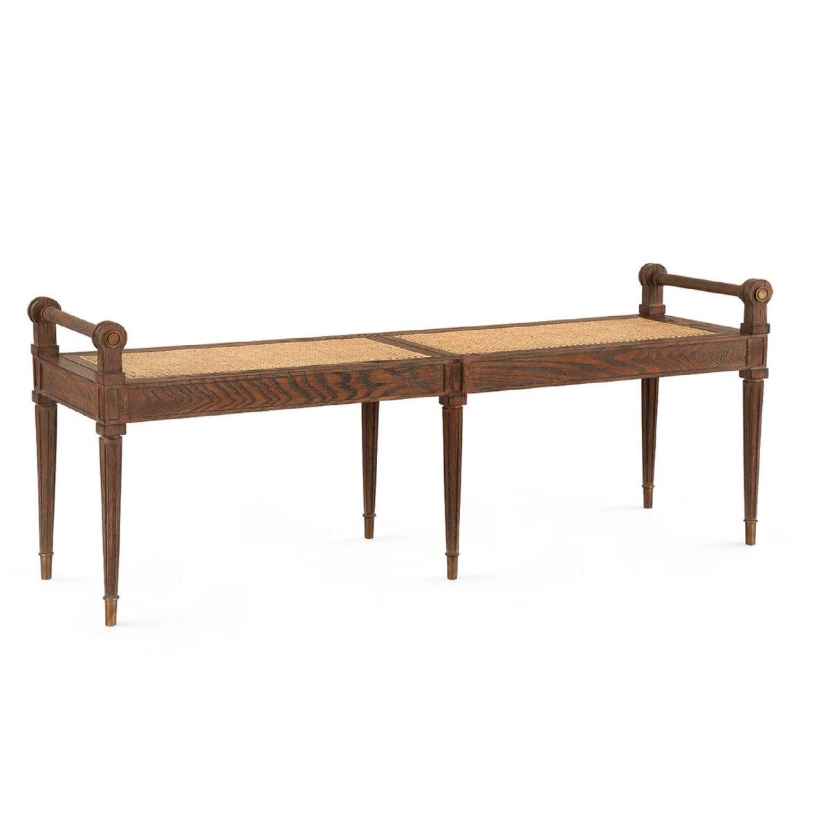 Vienna Driftwood Oak + Cane Bench by Villa & House: Neoclassical, six legs, cane seat, armrests, and elegant accents.