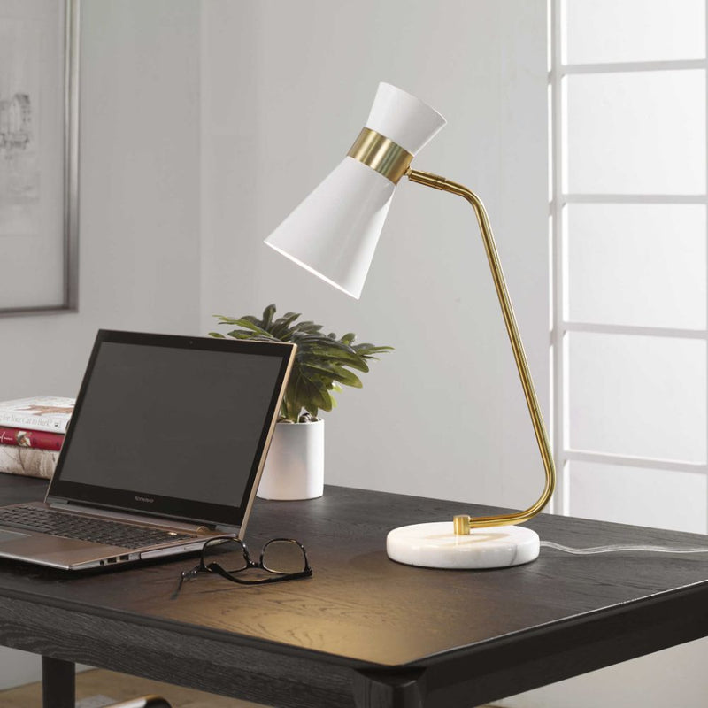 desk/task lamp white metal cone-shaped shade marble foot gold accents