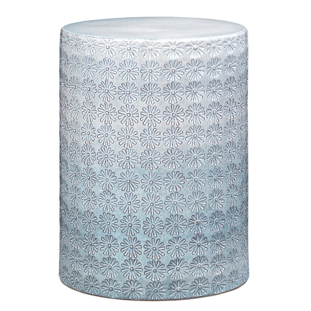 round garden stool blue ombre textured wildflower pattern