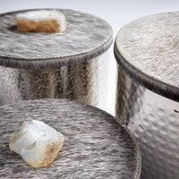 round textured silver container hide lid stone accent