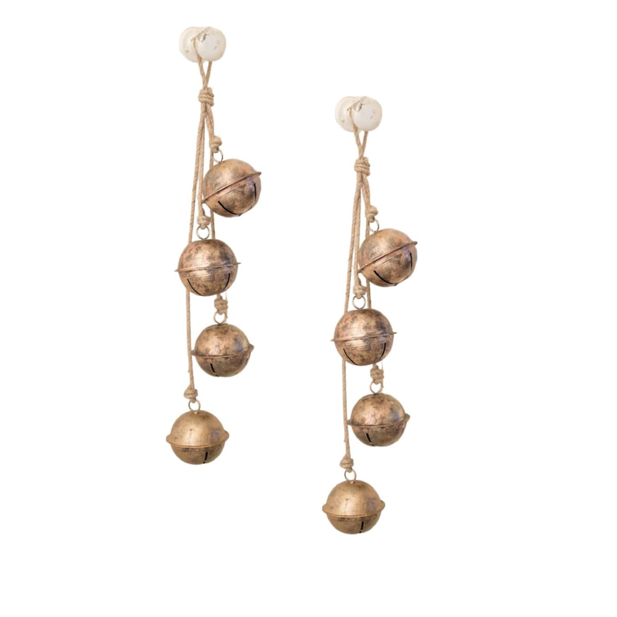 Kalalou's Brass Finished String of Bells (set of 2) features rustic bells on jute twine, ideal as holiday decor.