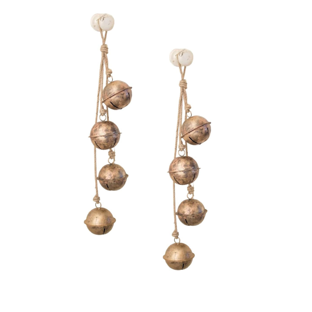 Kalalou's Brass Finished String of Bells (set of 2) features rustic bells on jute twine, ideal as holiday decor.