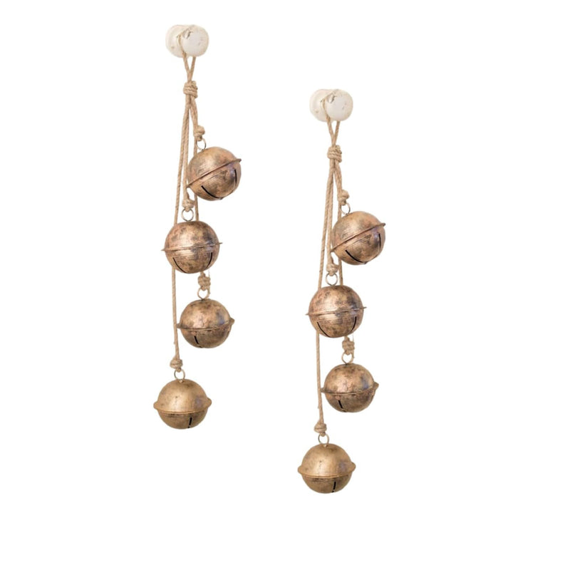 Kalalou's Brass Finished String of Bells (set of 2) features rustic bells on jute twine, ideal as holiday decor.