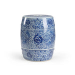 The Zue Garden Seat by Chelsea House is a blue and white hand-painted porcelain garden seat adorned with intricate floral patterns.