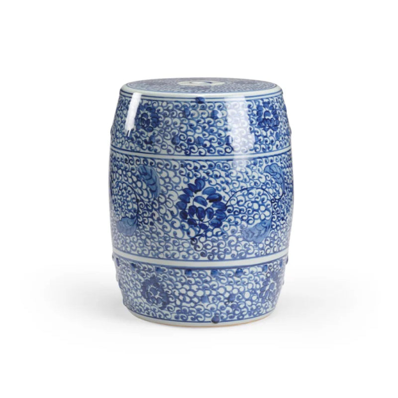 The Zue Garden Seat by Chelsea House is a blue and white hand-painted porcelain garden seat adorned with intricate floral patterns.