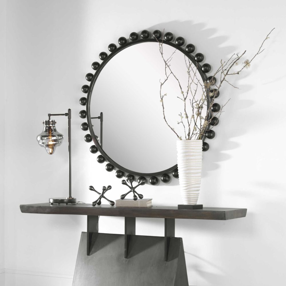 wall mirror round black frame spheres