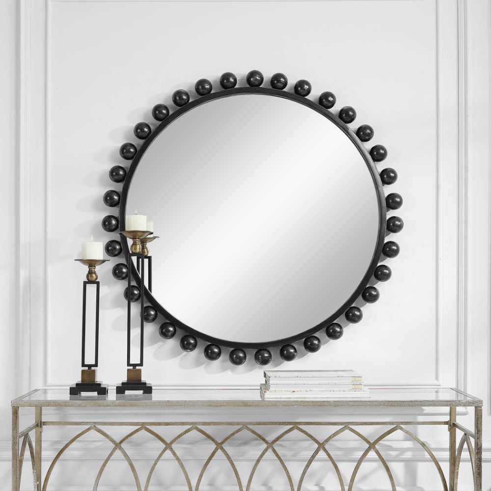 wall mirror round black frame spheres