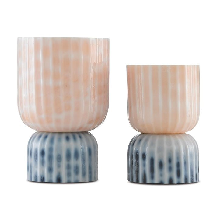 set of 2 milky pink & blue vintage inspired hand blown glass vases