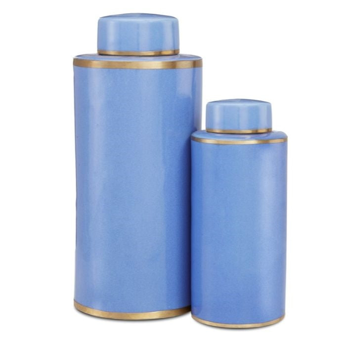 set of 2 blue stoneware tea canisters with brass rings