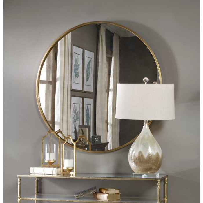 round antiqued mirror gold leaf metal frame