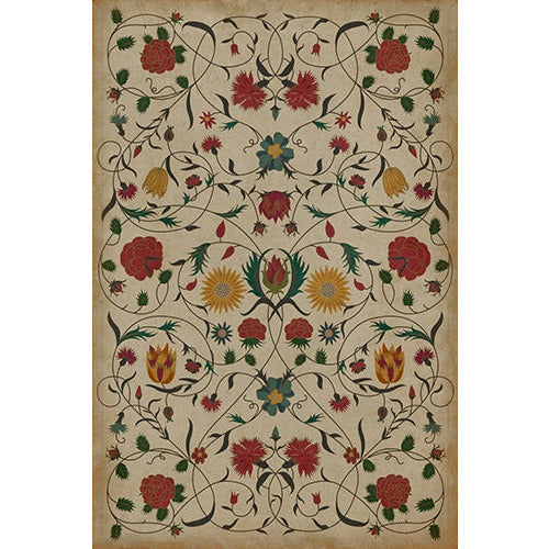 Spicher & Co. vinyl floorcloth chair kitchen mat area red gold floral cream background vintage