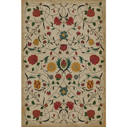 Spicher & Co. vinyl floorcloth chair kitchen mat area red gold floral cream background vintage