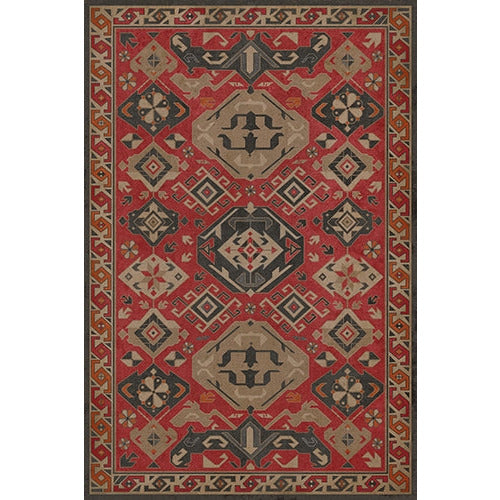 Spicher & Co. vinyl floorcloth chair kitchen mat area red taupe ethnic pattern vintage