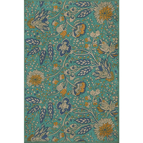 vinyl floor cloth vintage flowers teal orange blue
