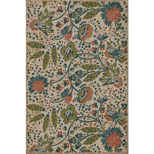 vinyl floor cloth vintage flowers cream blue red