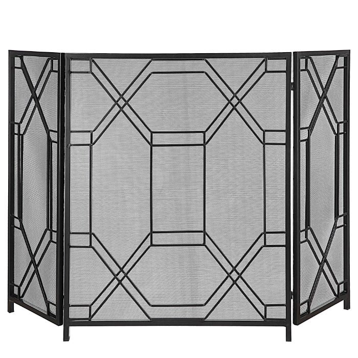 black 3-panel geometric fireplace screen mesh