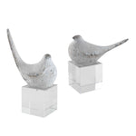 2 bird figurines silver distressed crystal block base